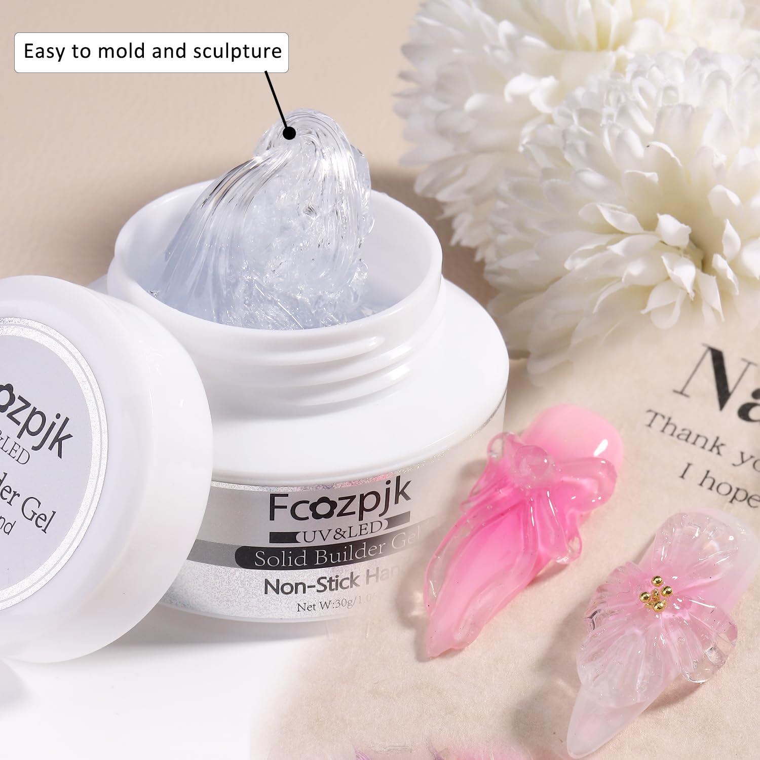 Fcozpjk Clear Solid Builder Gel For Nails, 30g Hard Gel for Nails with Silicone Molds for Carving Non-Sticky Building 3D Sculpture Flowers Modeling Design Professional Manicure Supplies