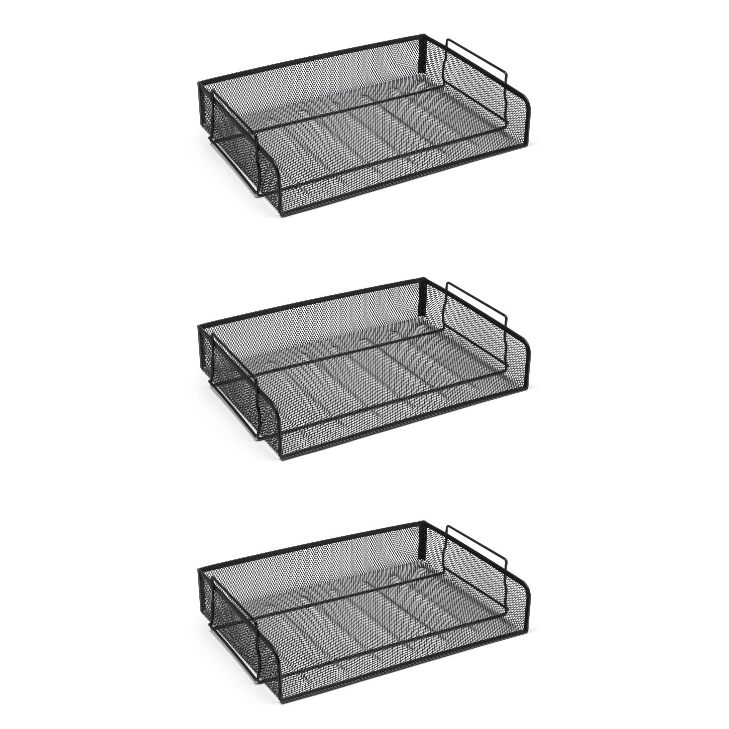OSCO Wiremesh Stackable Letter Tray Landscape, Scratch-Resistant Metal Desk File Organiser for A4 & Foolscap Paper, Side-Load Design, High-Density, 3 Pack, Black