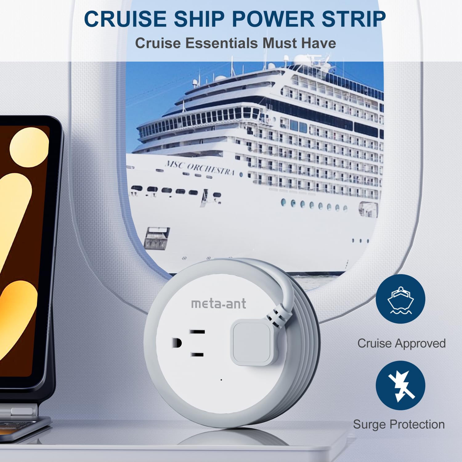 Cruise Extension Cord Approved, 4FT Cruise Extension Cord with 4 AC Outlets 3 USB Ports (1 USB-C), Cruise Approved Power Strip with Non Surge Protector for Cruise Ship Travel Essentials 2025