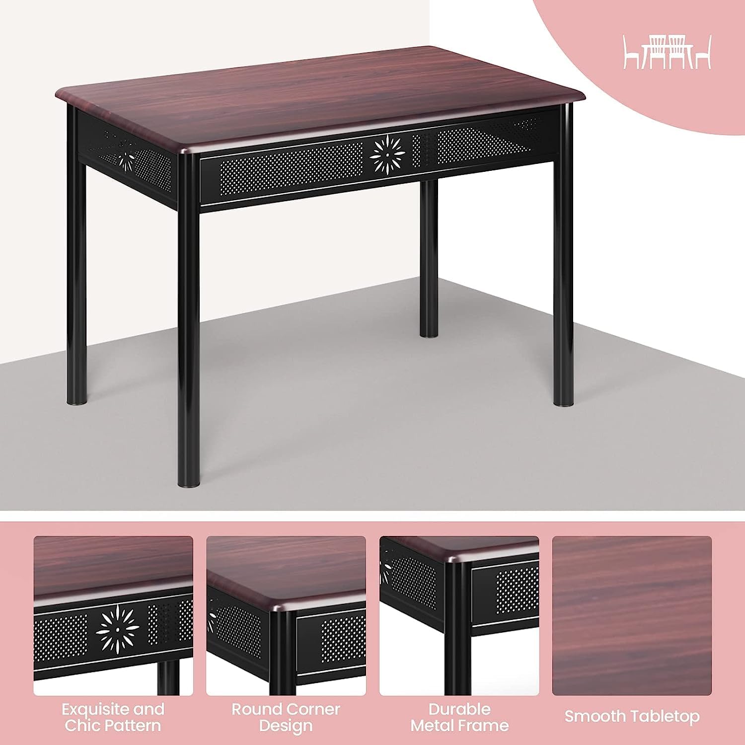 Mid Century Modern Dining Table Set for 4, 5-Piece Dining Room Table Set with Metal Frame and Padded Seat, Small Kitchen Table and Chairs for Small Spaces (Brown)