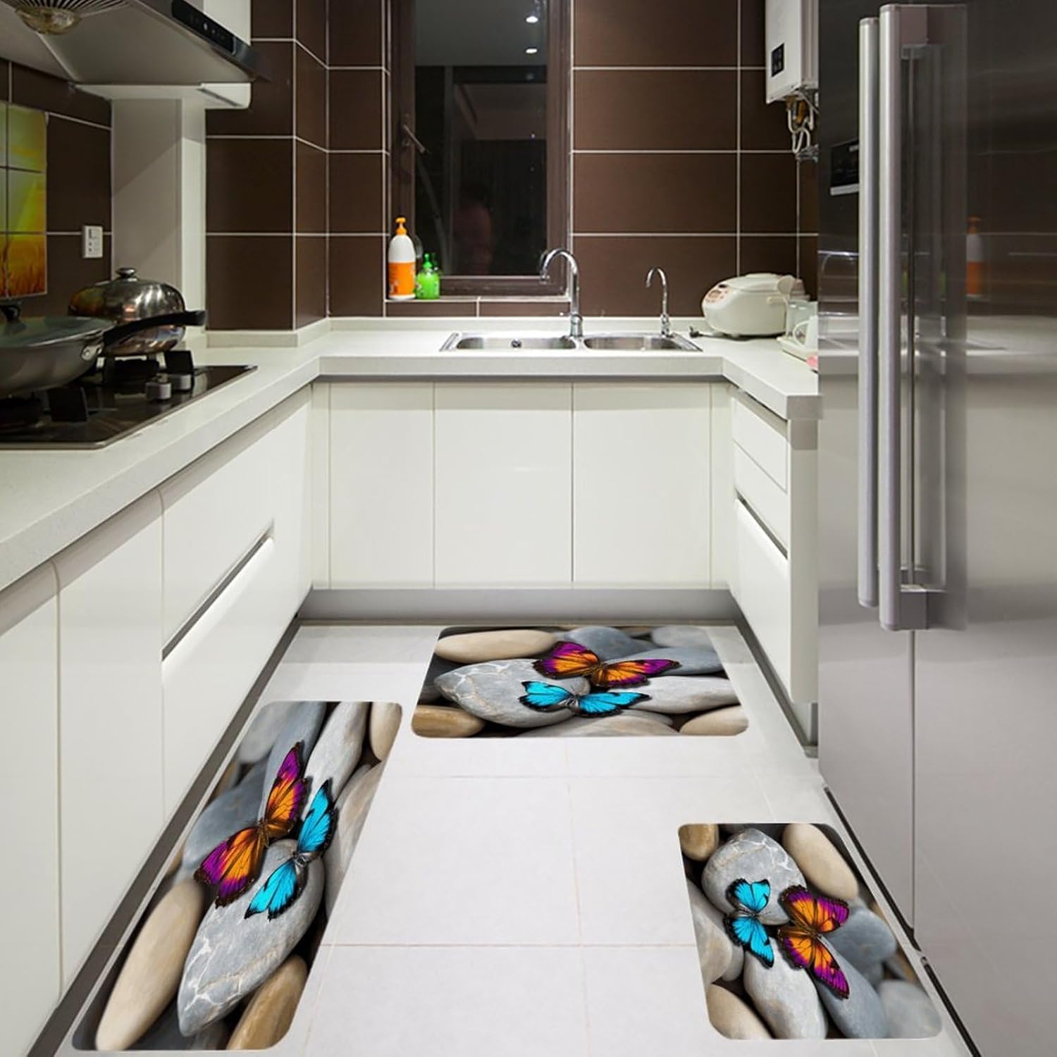 Colorful Butterfly Stone Kitchen Mats Soft Absorbent Rugs for Floor Non Slip Washable Kitchen Mats Fashion Rectangular Rugs for Three-Piece Set for Laundry Office Home Sink