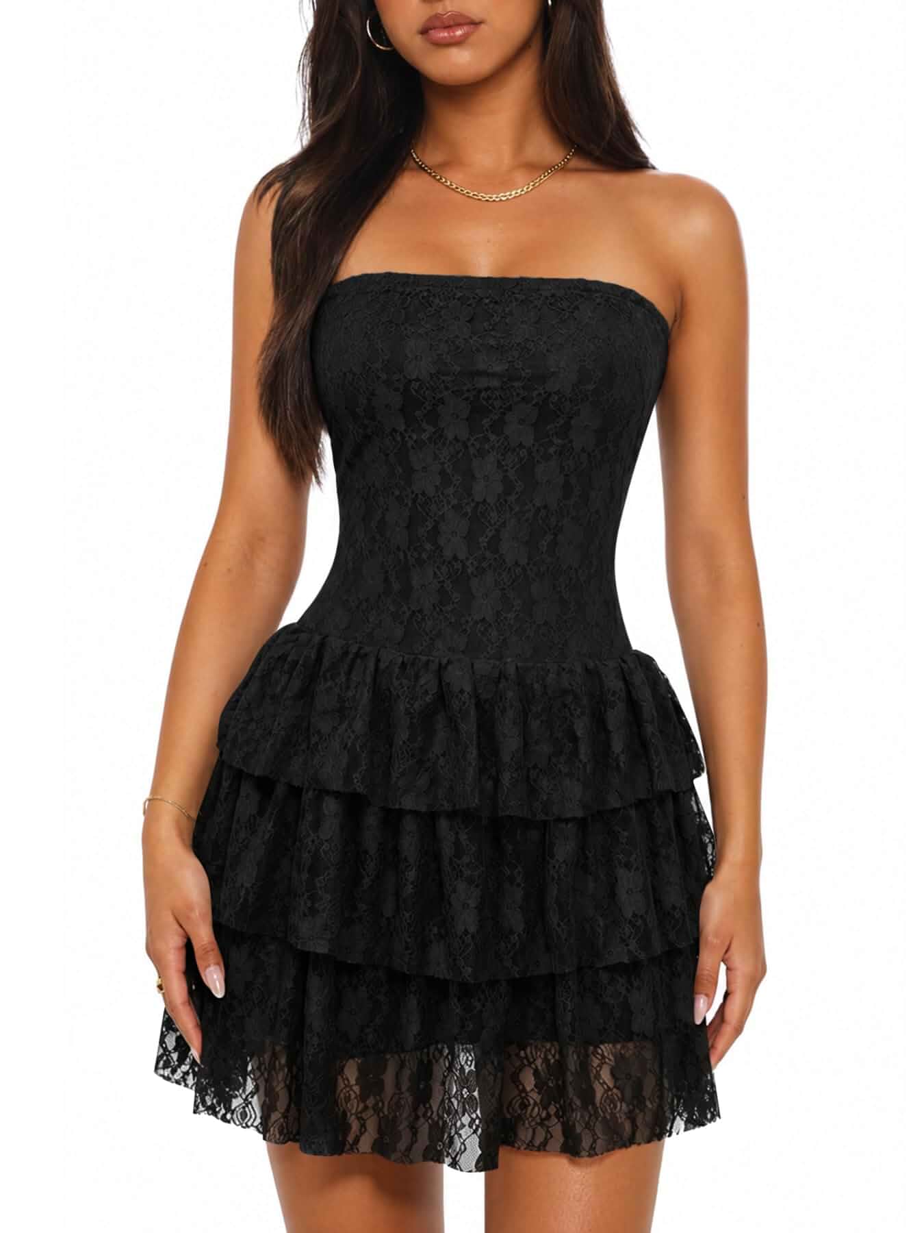 Muchpow Women's Strapless Mini Dress Lace Ruffle Dresses Built-In Short, Sleeveless Tube Top, Ruffle Tiered, Bodycon Y2K Homecoming, Cocktail, Summer Dress, Hoco, Night Out