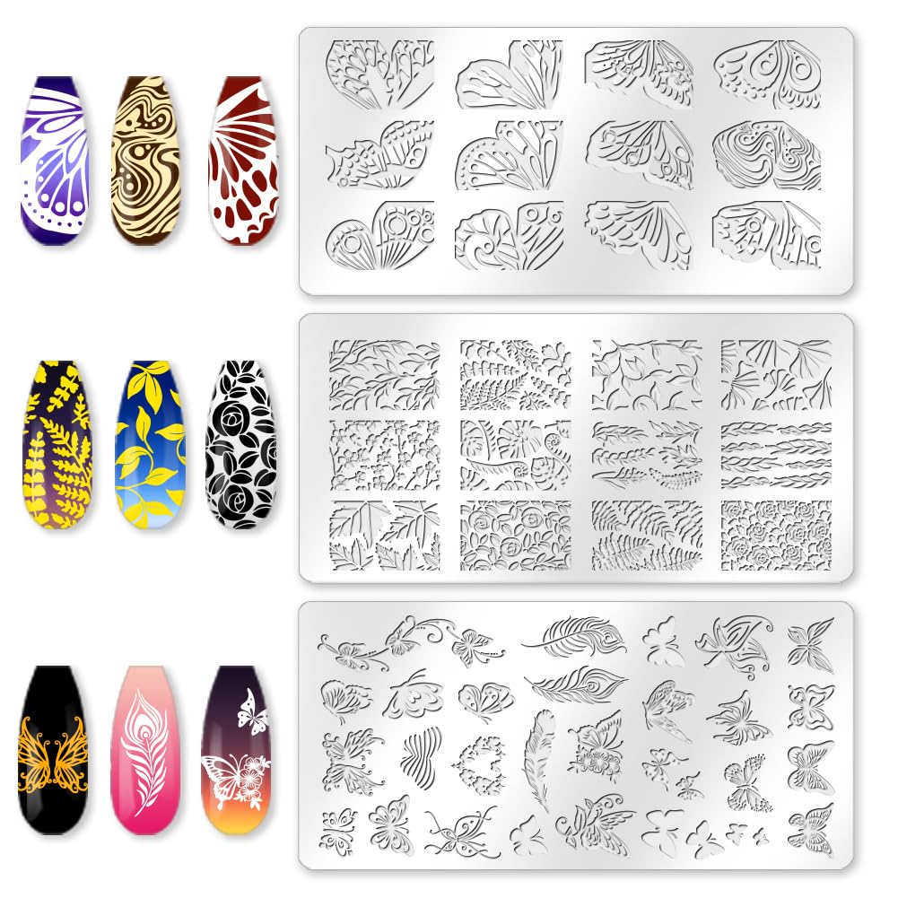 beinkmake 3Pcs Butterfly Nail Stamping Plate Set Floral Ginkgo Maple Leaves Stainless Steel Nail Stamp Templates Clear Silicone Nails Stamping with Stamper Scraper for Manicure Printing - Image 3