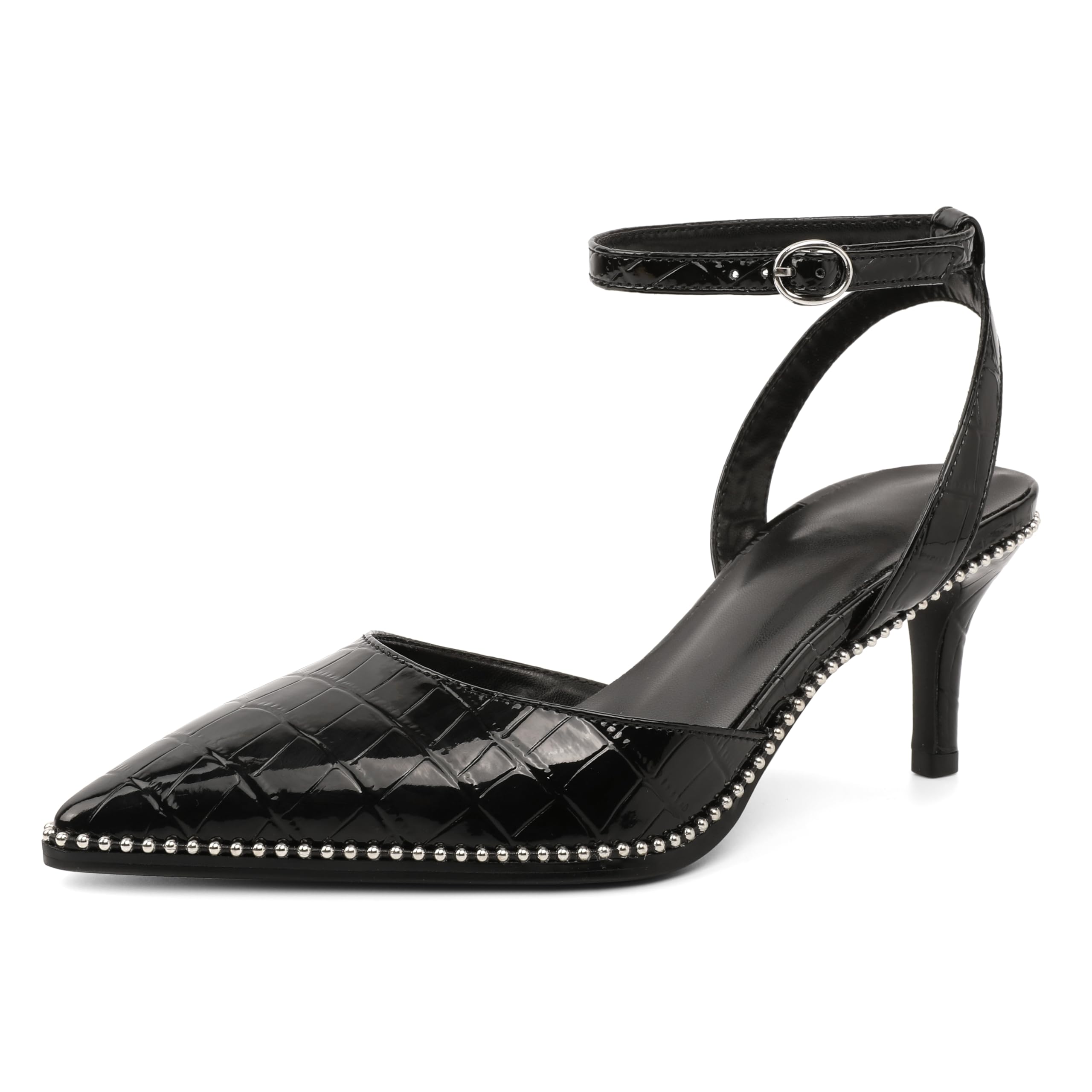 SAMMITOP Kitten Heels for Women Low Heel Closed Toe Ankle Strap Pumps Wedding Party Beaded Dress Shoes 2.4 Inch