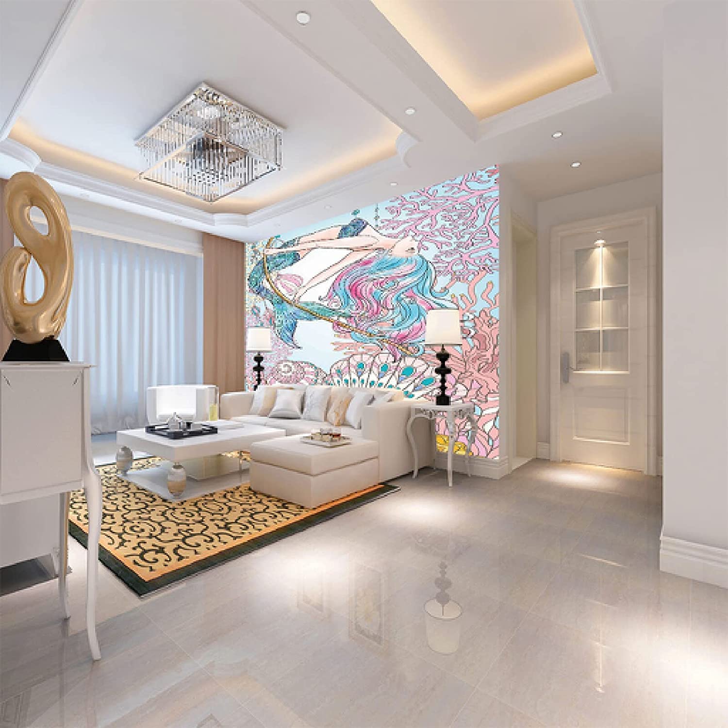 Estilo Europeo 3D Dibujos Animados De Sirena Océano Coral Murales Fotográficos Papel Tapiz Sala De Estar Hotel Fondo De Lujo Pintura De Pared Decoración Peel And Stick Carteles 250(ancho)x175(alto)cm