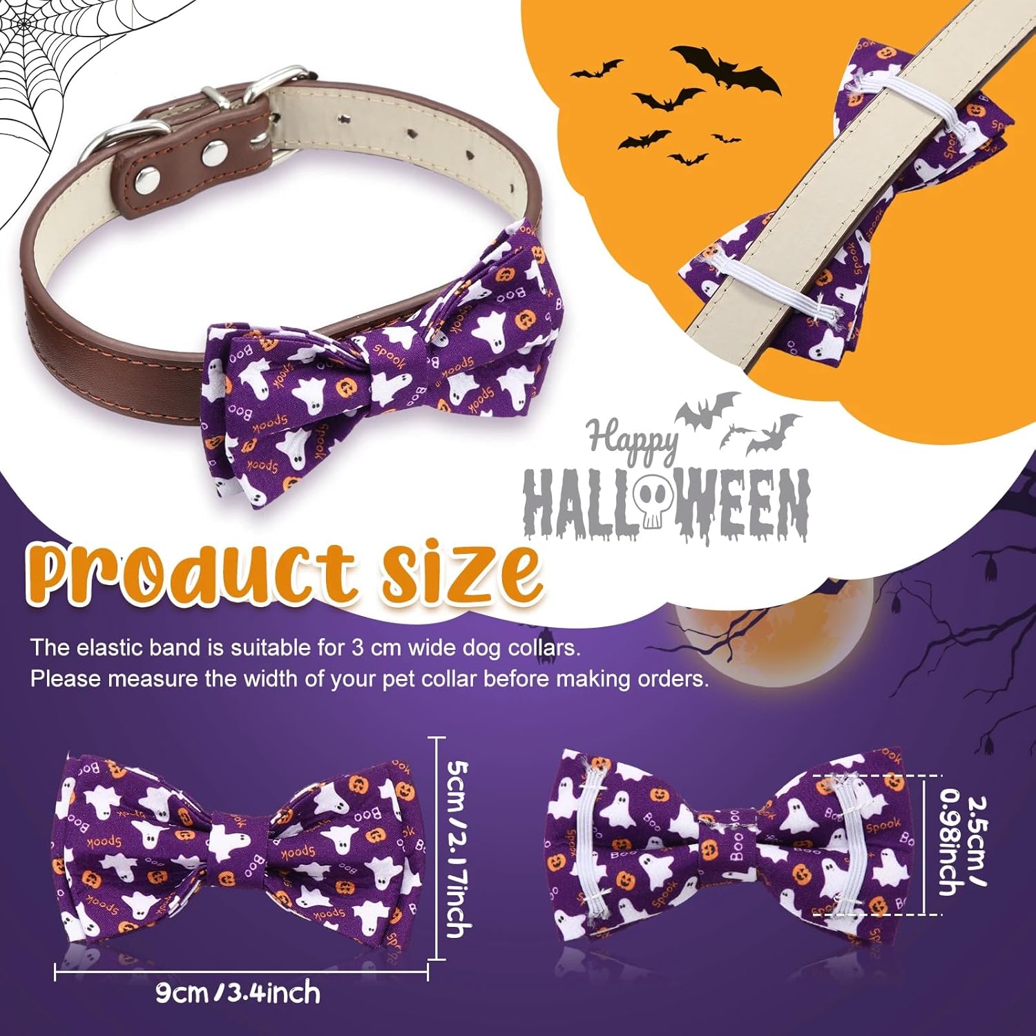Hillban 50 Pieces Halloween Collar Dog Bow Ties Accessories for Dogs Bow Ties Attachment with Elastic Bands Dog Collar Detachable Charms for Halloween Dogs Collar Accessories