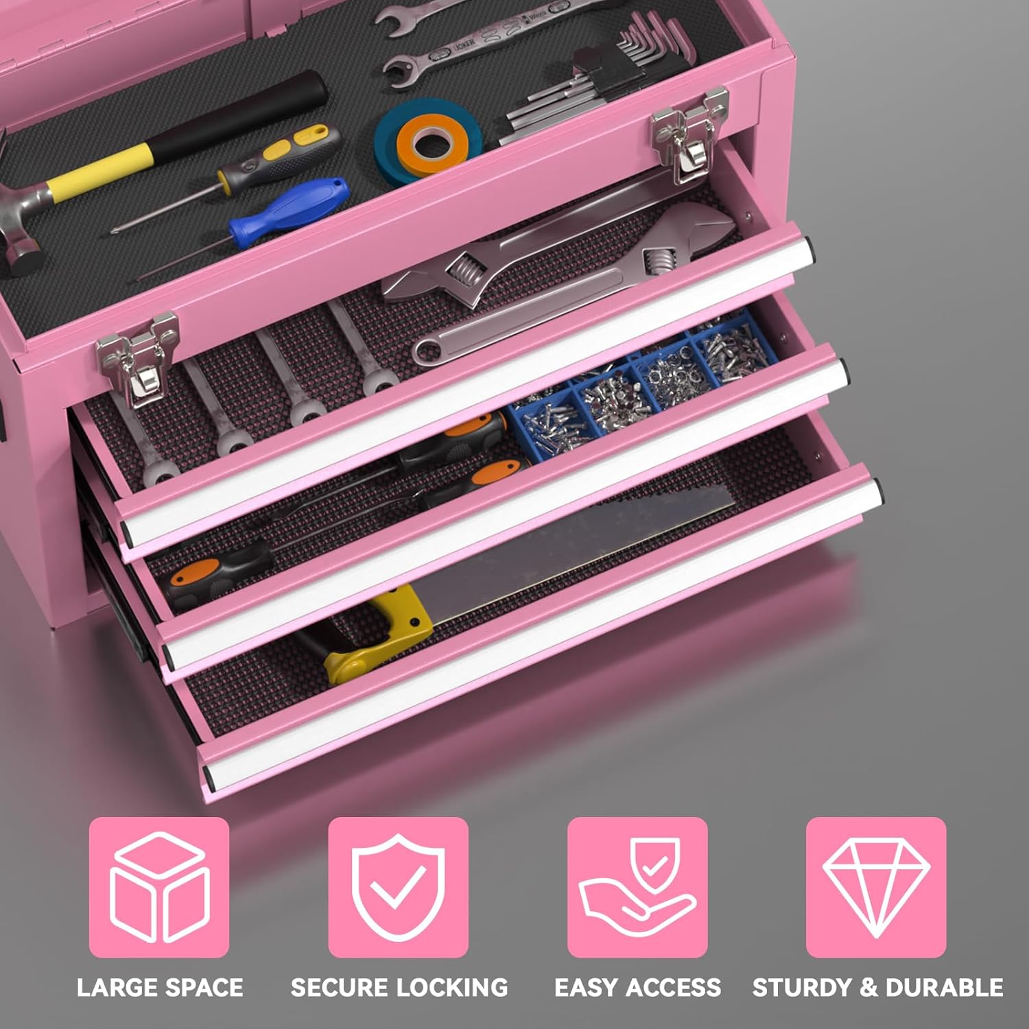 3-Drawer Small Tool Box, Tool Chest with EVC Liners and Locking Mechanism, Metal Tool Box for Garage Workshop and Room Use (Pink)
