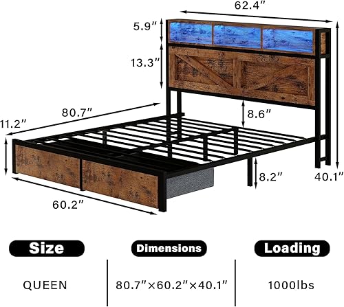 Miniatura 2 de Marco de cama Queen de granja con cabecero de estantería y cajones de almacenamiento, luces LED y estación de carga, no necesita somier, sin ruido,