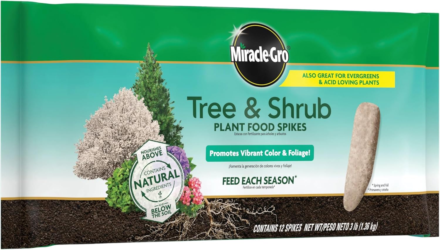 Miracle-Gro Tree and Shrub Plant Food Spikes - Deciduous, Flowering & Evergreen Tree Fertilizer Spikes, Hydrangeas, and Acid-Loving Plants, 12 Count, 3 lb.