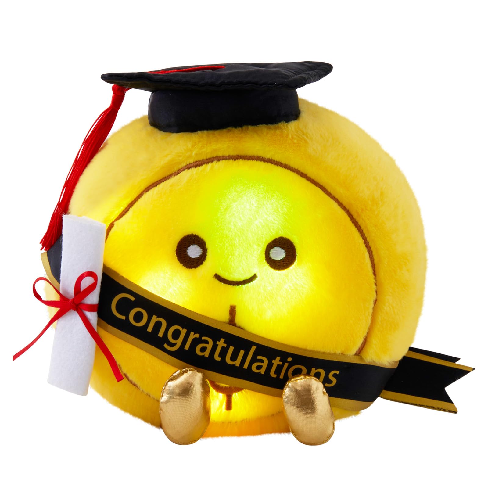 WEWILL® Light Up Graduation Gold Coin Stuffed Animal – Plush Toy with Cap, Diploma & Sash, Class of 2025 Graduation Gift, Inspirational Glowing Coin