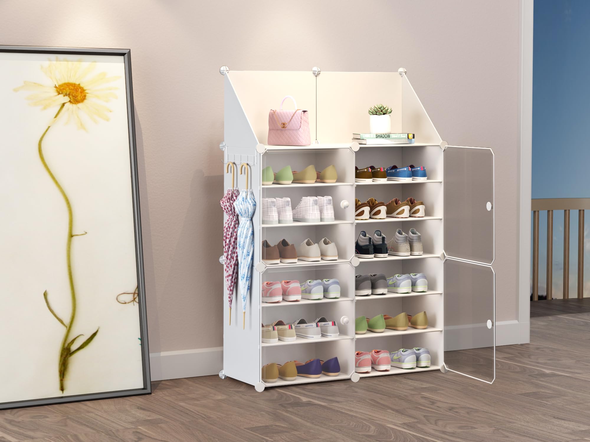 Umi. Portable Shoe Rack Organizer With Door 24 Pairs, Shoe Rack Storage Cabinet Organizer Shoe Stand For Home, Stackable Detachable Shoe Rack For Living Room Entryway Office - Plastic-image-17