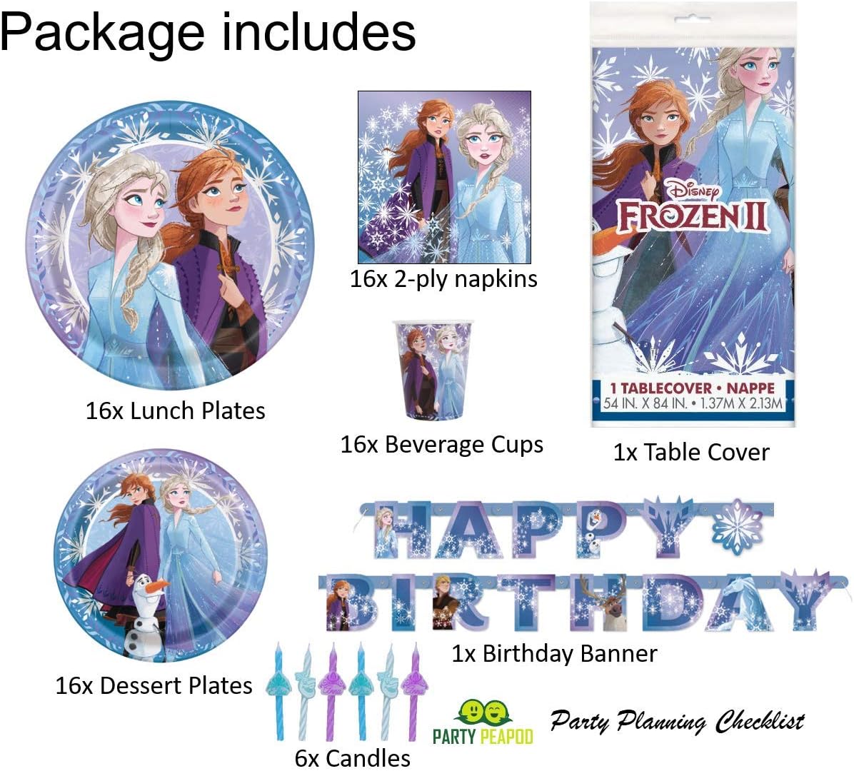 Frozen 2 Inspired Birthday Party Supplies Pack: Big/Small Plates, Cups, Napkins, Table Cover, Banner, Candles - 16 Guests image 2