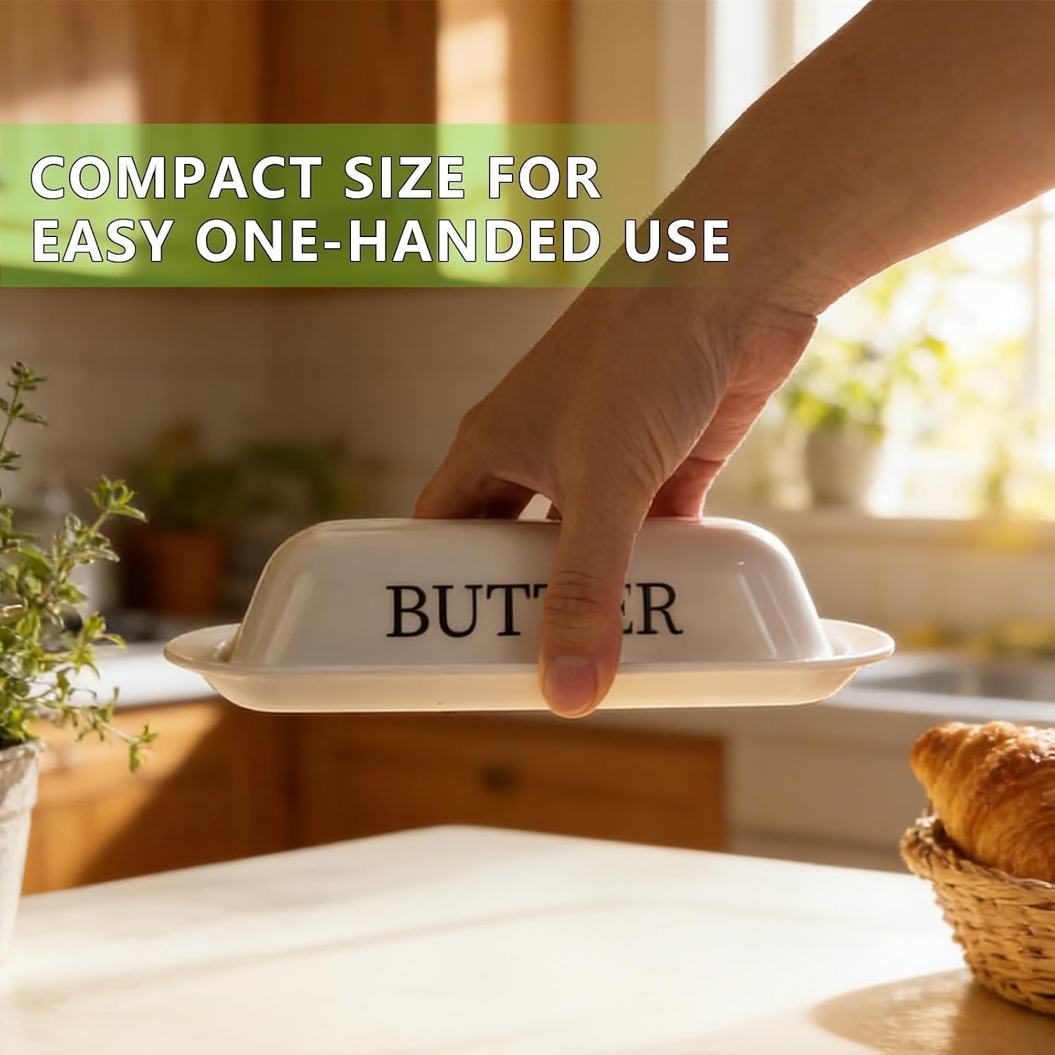 BPA-Free Melamine Butter Dish with Lid & Stainless Steel Knife - Farmhouse Butter Keeper for Countertop & Refrigerator Door Shelf, Dishwasher Safe,Holds 1 Stick with East & West Butter-White