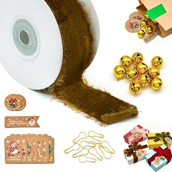 3 Yd x 1.5 Inch Vintage Frayed Edge Velvet Ribbon, Thick Ribbons with 10 Pcs Golden Bells & Pins & Ropes & Card, for Christmas Tree, Decor, Wreath, Ornaments, Gift Wrapping Yellow