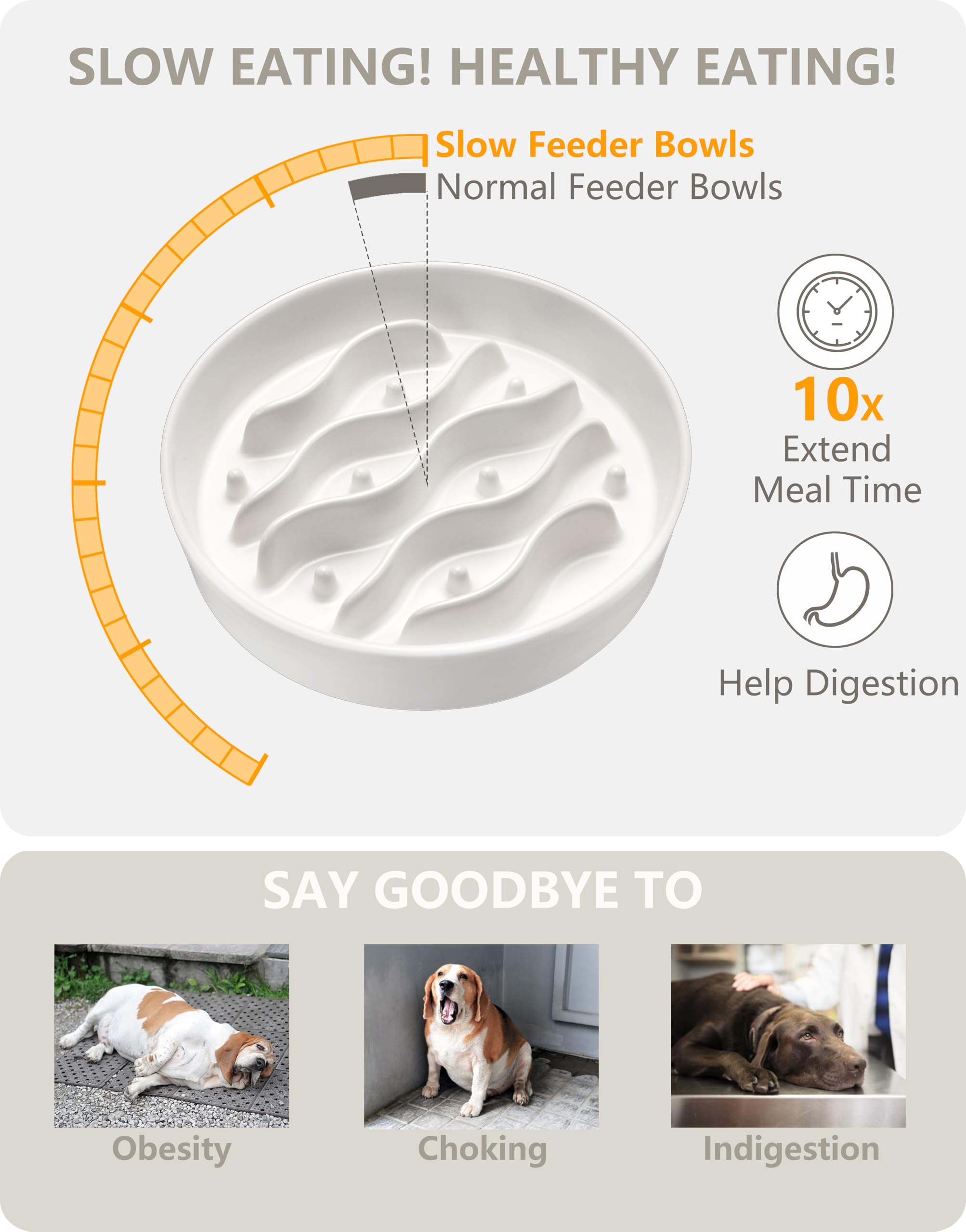 Ciotole Anti-Ingozzamento per Cani di Taglia Media e Grande, Ciotole Anti Ingozzamento per Cani Ceramica, 1000ml, Ø 21cm, Bianco