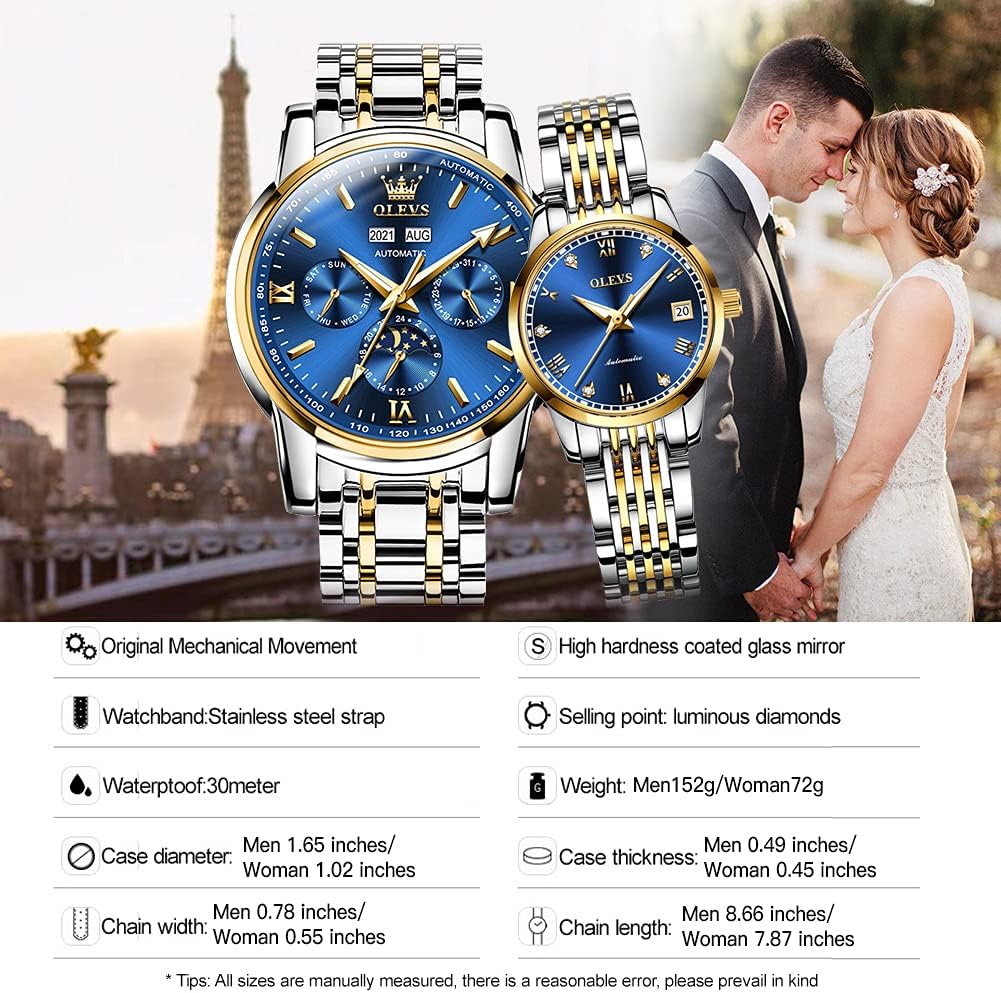 OLEVS Couple Pair Watch Automatic for Men and Women His and Hers Watches Set Gifts Mechanical Self-Winding Tourbillon Big Face Dress Wristwatch with Day Date Calendar Two Tone - Image 6
