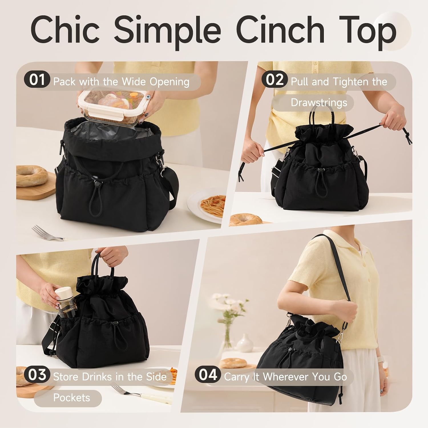 Insulated Lunch Box Adults Drawstring Crossbody Leakproof for Work Black