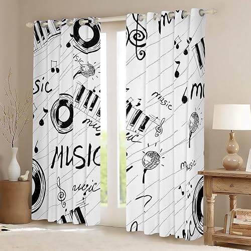 Miniatura 2 de Cortina de música en blanco y negro, cortinas de ventana para niños y niñas, cortinas musicales para ventana para decoración de dormitorio,