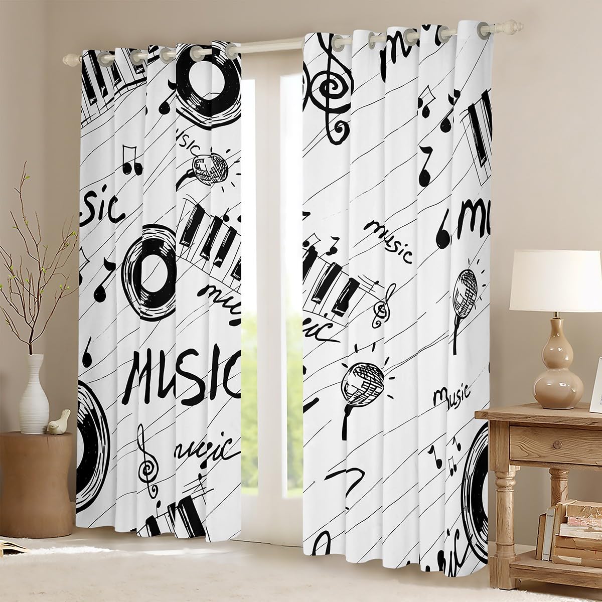 Music Curtain Black and White Music Note Window Drapes for Boys Girls Kids Musical Window Curtains for Bedroom Decor Teens Retro Music Microphone Vinyl Records Window Treatments? 42x63 Inches?2 Panels