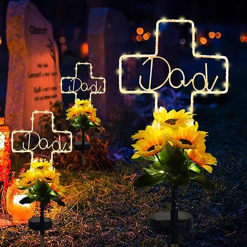 Miniatura 2 de Luces solares de girasol con cruz para papá del cementerio, decoraciones de tumbas impermeables para papá del cementerio, regalos conmemorativos de