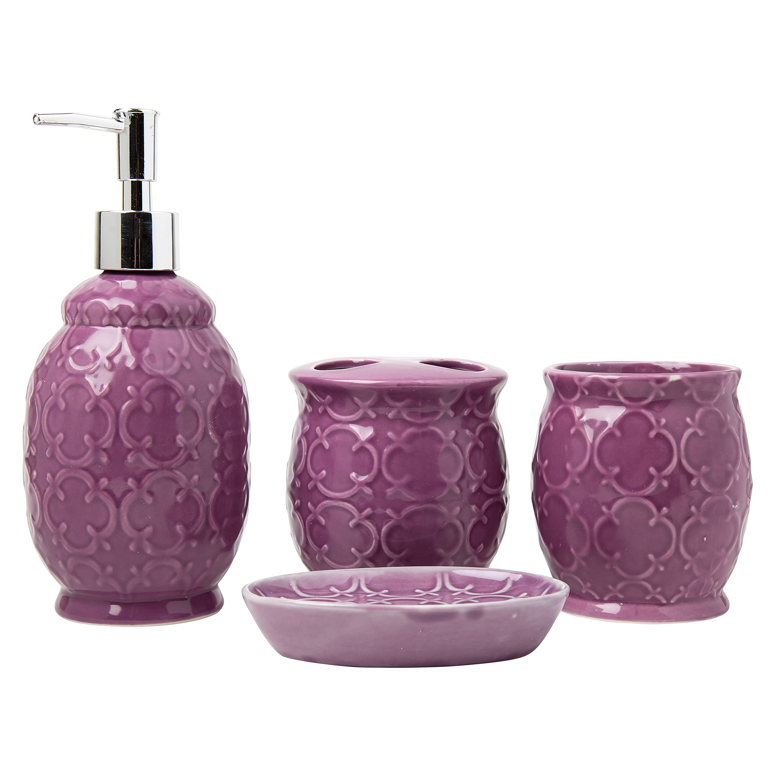 Designer 4-Piece Ceramic Bath Accessory Set | Includes Liquid Soap or Lotion Dispenser w/Toothbrush Holder, Tumbler, Soap Dish | Moroccan Trellis | Purple - Holds 15.6 oz