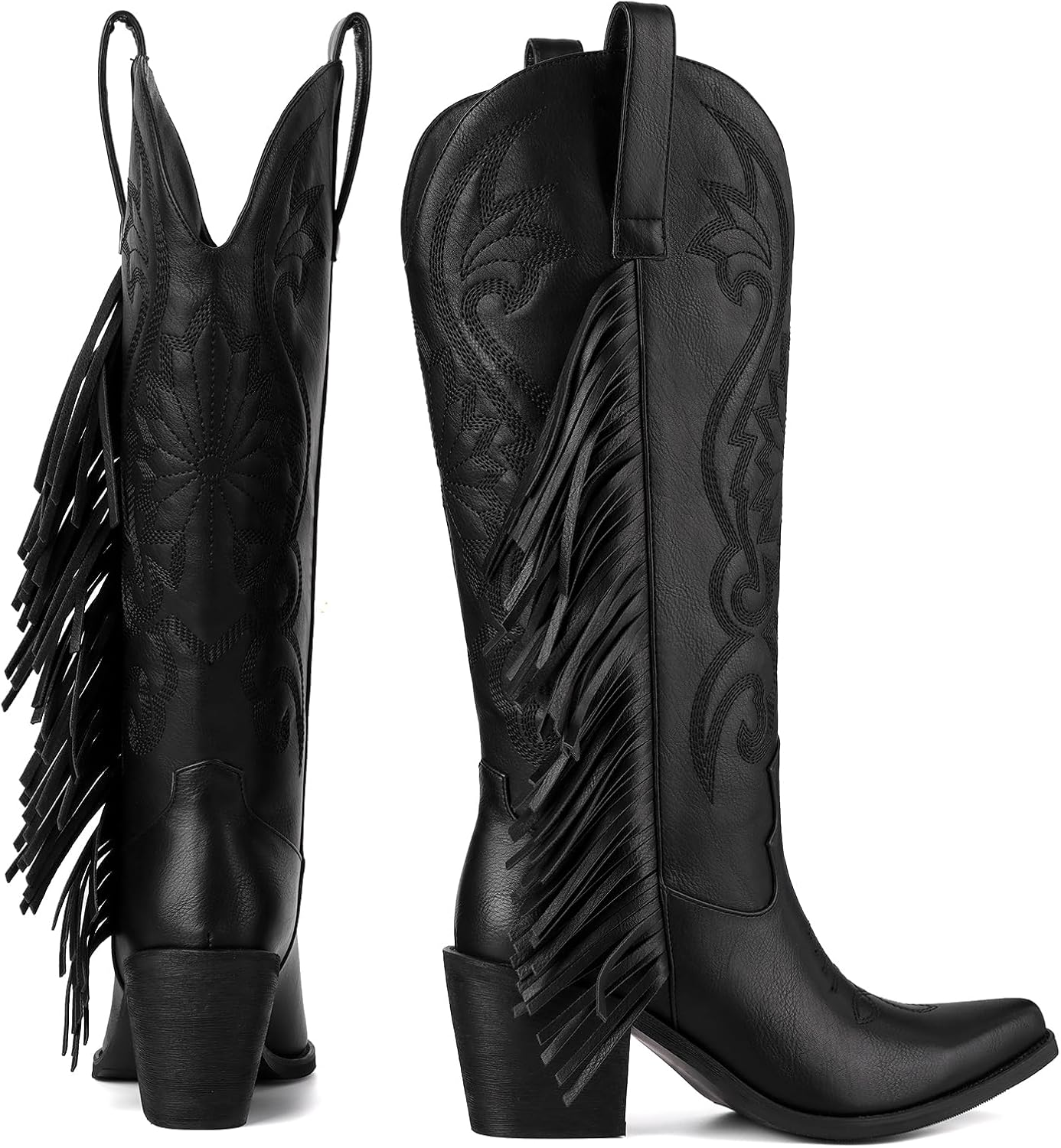 Cowgirl Boots Women Cowboy Boots Pointed Toe Chunky Heel Embroidered Fringe Pull on Wide-Calf Western Boot for Women