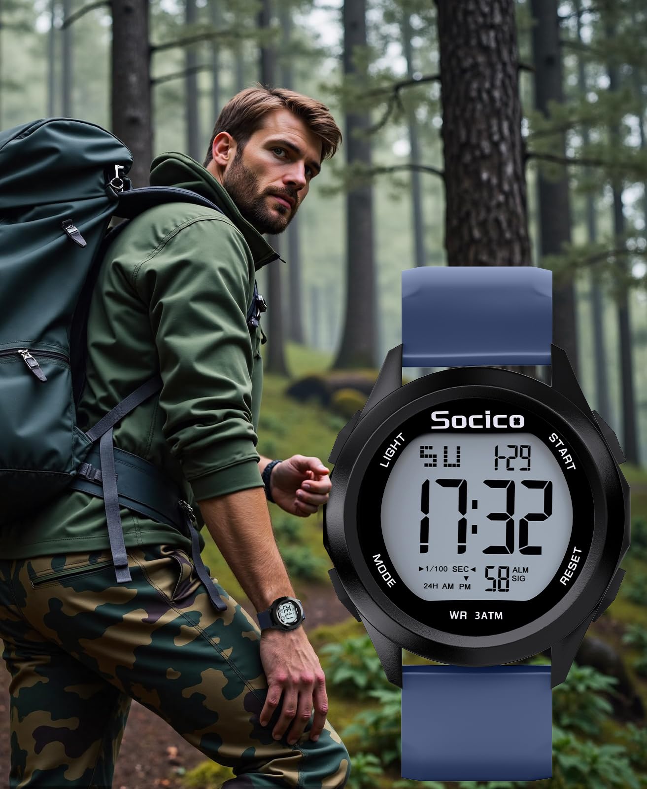 SOCICO Mens Digital Watch Sports Waterproof Outdoor Large Face Military Watches with Stopwatch Back Light Alarm Date Display