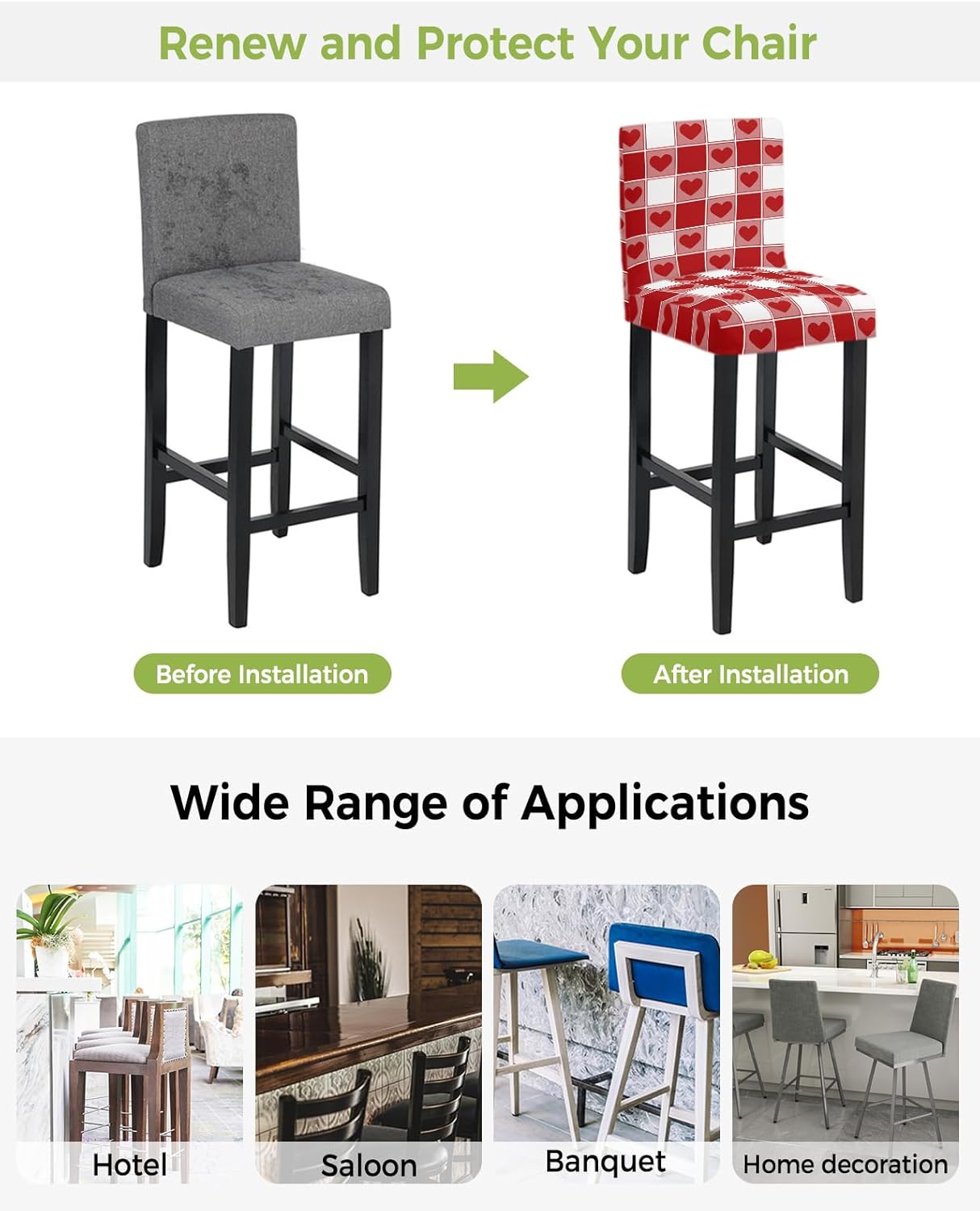 Bar Stool Covers with Backs, Stretch Washable Bar Stool Chair Cover Slipcovers Valentine's Day Red Heart in Red Plaid Removable Counter Stool High Chair Covers for Pub, Dining Room, Cafe, ,Set of 2