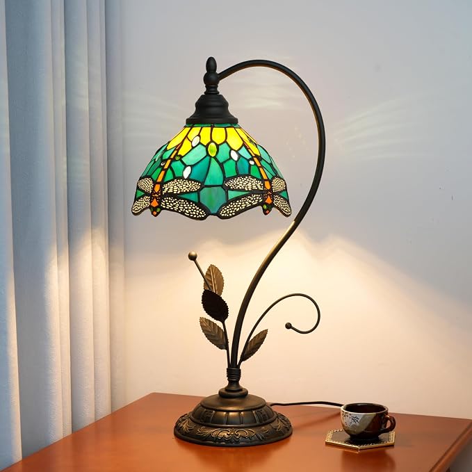 Tiffany Table Lamp Green Peacock Tail Stained Glass Lamp Tiffany Style S Leaves Vintage Desk Light for Bedside Living Room Office Dormitory Dining Room