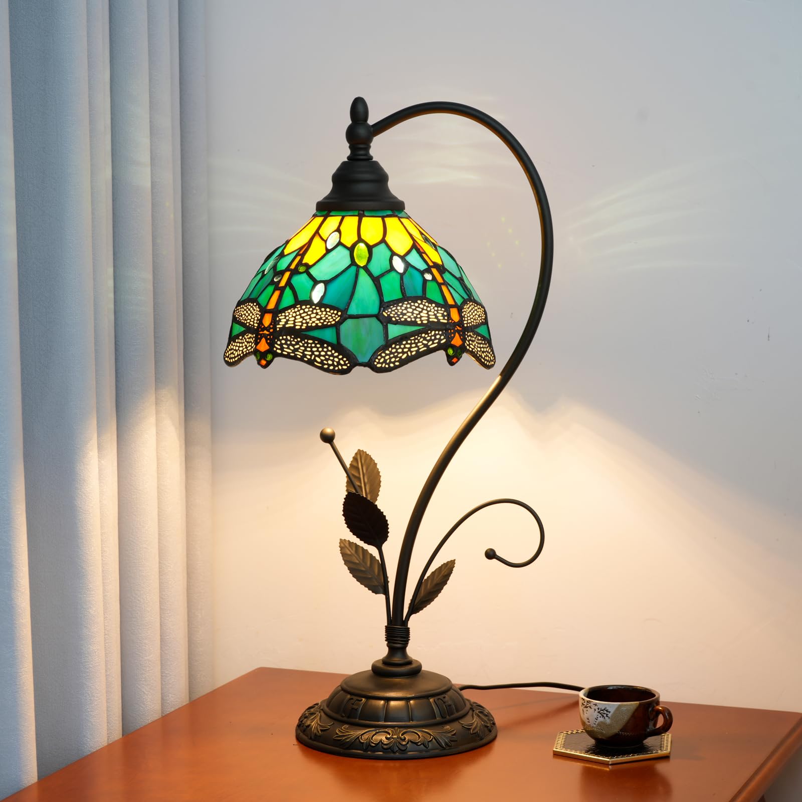 Lampada da tavolo con vetro colorato verde libellula S Foglie Lampada da scrivania vintage per comodino, soggiorno, ufficio, dormitorio, sala da pranzo