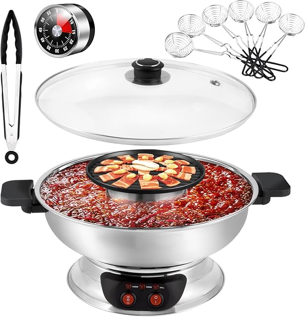 Austric 2 in 1 Hot Pot with Grill, Shabu Shabu Pot 304 Stainless Steel 1200W Indoor 4L Large Electric Hot Pot, Separate Temperature Control, Korean BBQ, Boiling for Family Gathering