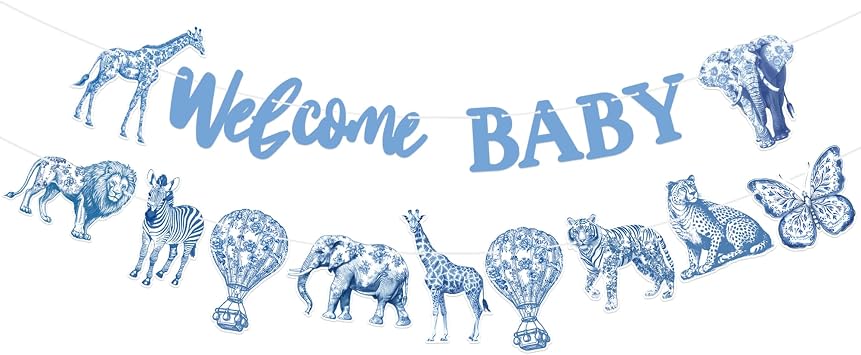 TOUROAM Blue Safari Jungle Baby Shower Decorations Banner, Blue Toile de Jouy Jungle Animal Party Garland