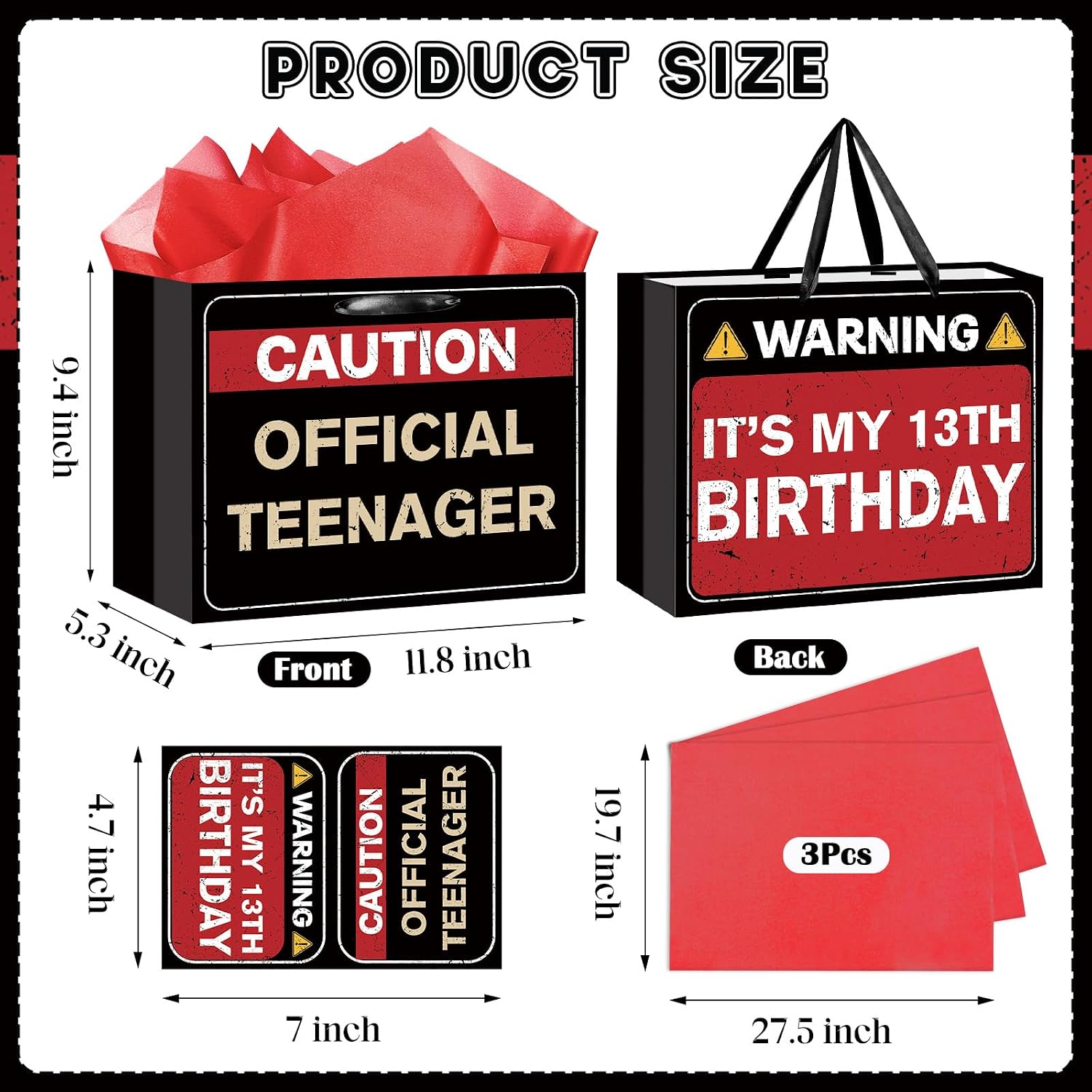 TagreSpike Funny 13th Birthday Gift Bag with Card Tissue Paper, Caution Themed It’s My 13th Birthday Wrapping Paper Bag Funny Warning Gifts for Boys Girls Teenager Cheers to 13 Years Party Favors