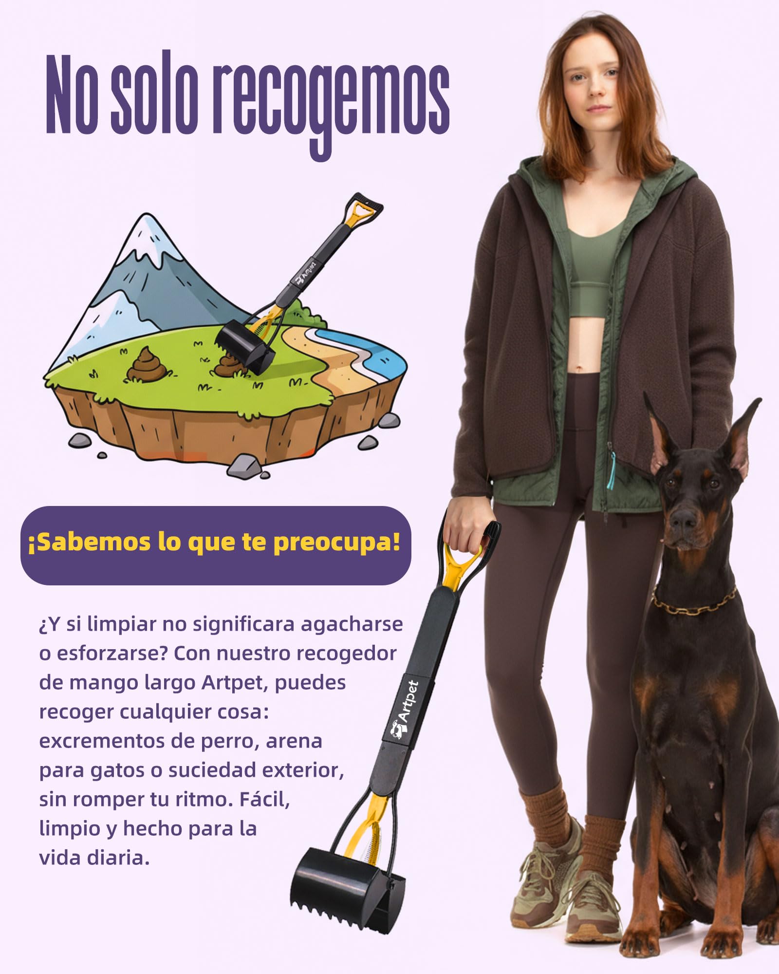Recoge Cacas de Perros Mango Largo 80cm, Ligero y Plegable Recogedor de Excrementos Perro, Ideal para Paseos y Jardín, Amarillo