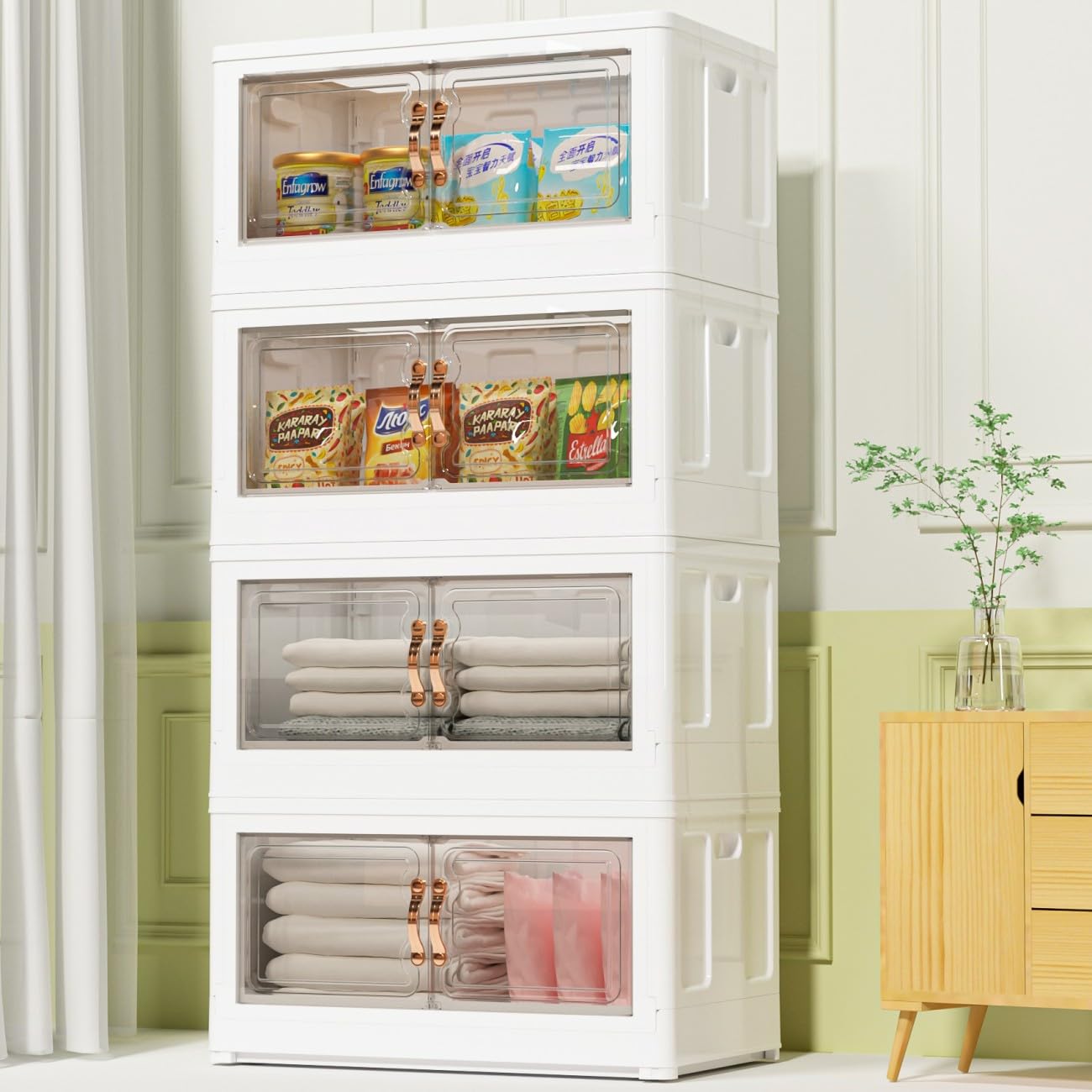 wookonCloset Organizers and Storage 27Gal/108QT,4 Packs Storage Bins with Lids and Magnetic Door,Collapsible Storage Bins,Storage Cabinet Wardrobe Stackable Closet Organizer,Folding Storage Bins