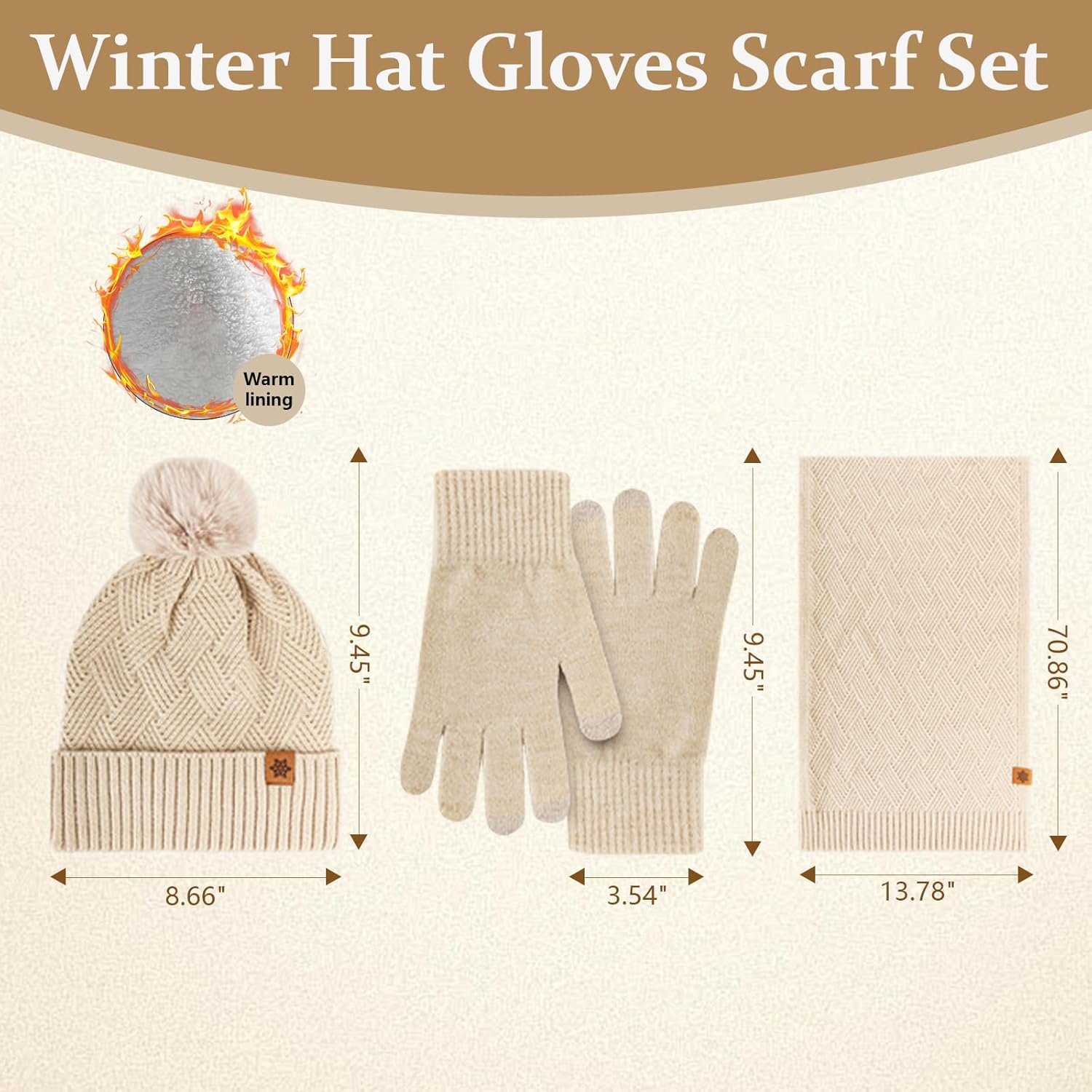 Womens Winter Hat Gloves Scarf Set, Warm Knit Pom Pom Beanie with Fleece Lined Long Neck Scarf Touchscreen Gloves Gift - Image 3