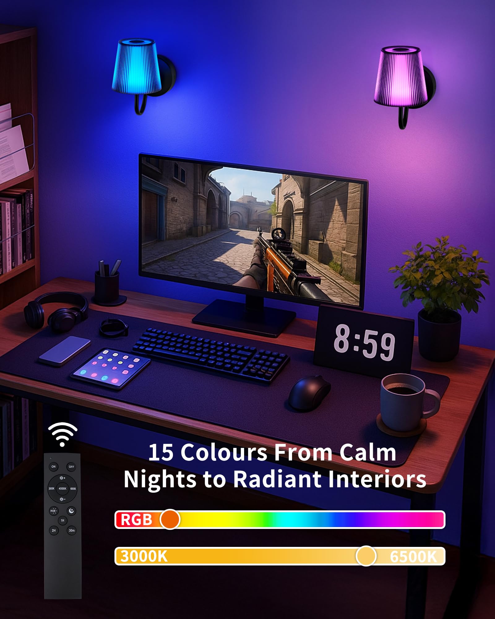 LumniexDesigns Wandleuchten Wiederaufladbare Wandlampen für Wohnzimmer RGB und 3 Farbtemperaturen Dimmbar Kabellose Bilderleuchten mit Touch-Steuerung und Fernbedienung für Treppen Flur 2 Stück