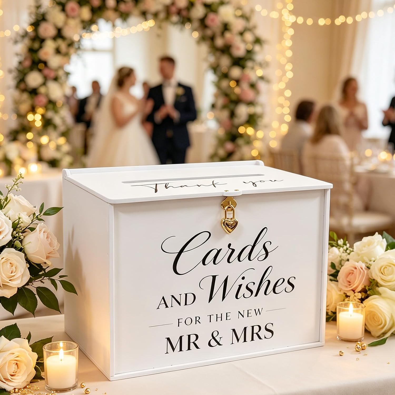 Extra Large Card Box with Lock & Slot, Elegant White Wedding Card for Reception Money Gift Envelope Cards, Spacious Gift Cards Holder Box for Party Bridal Baby Shower Table Decor
