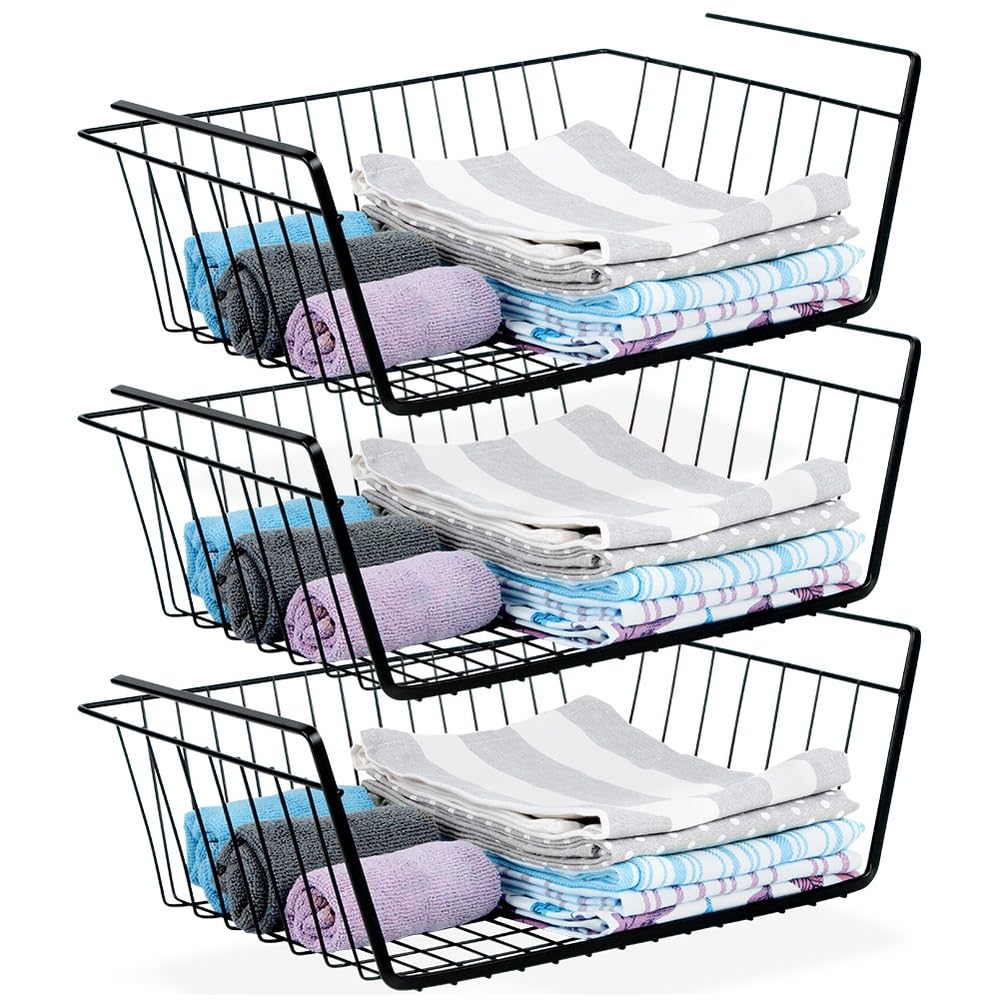 Vilde Lot de 3 paniers inférieurs 40,5 x 26,5 x 14,5 cm en métal noir – Panier suspendu pour étagère sans perçage - Organiseur de cuisine, armoire de bureau, panier de rangement à suspendre sous