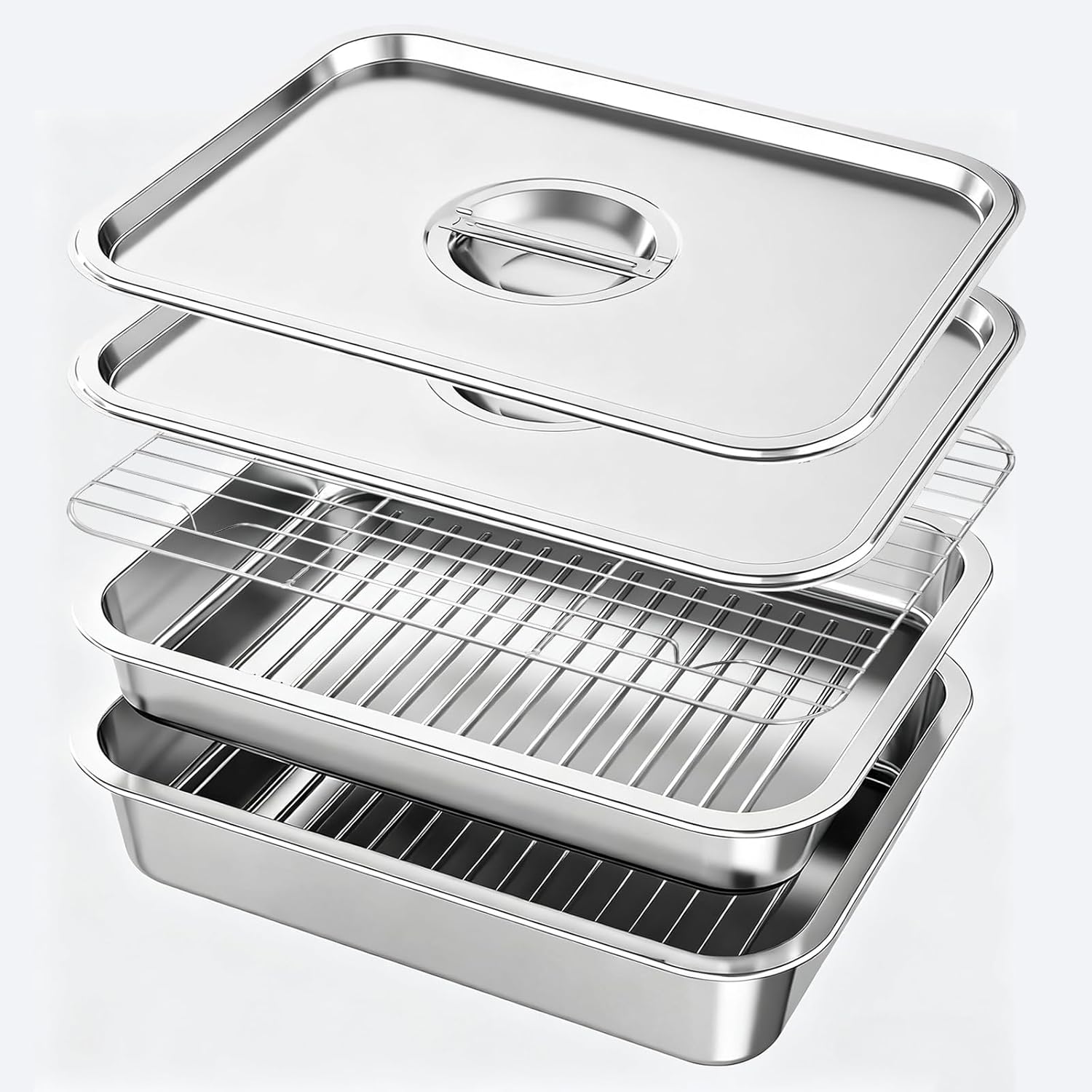 Stainless Steel Grill Prep & Serve Tray Set with Lids – Grill Carry System for Large Food Prep, Marinating Containers, Oven Roasting, and Serving (Grill Prep & Serve Tray Set #1)