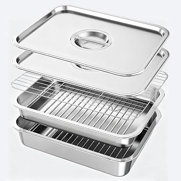 Grill Prep & Serve Tray Set with Lids, 5-Piece Food Prep System for Marinating, Carrying & Serving, Stainless Steel BBQ Trays for Raw & Cooked Food Separation Rack Included