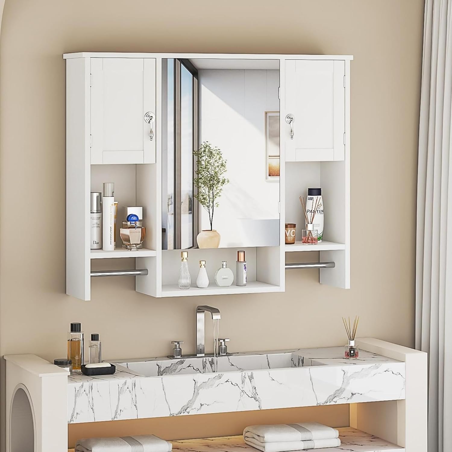 VECELO Armadietto bagno 89x18x73,5 cm bianco con specchio
