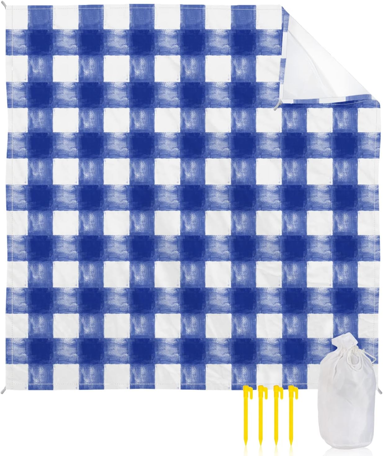 Watercolor Farmhouse Style Plaid Beach Blanket Waterproof Sandproof Outdoor Picnic Mat 83"x79" Art Paint Buffalo Check Lightweight Large Beaach Blankets with 4 Stake & 4 Corner Pockets