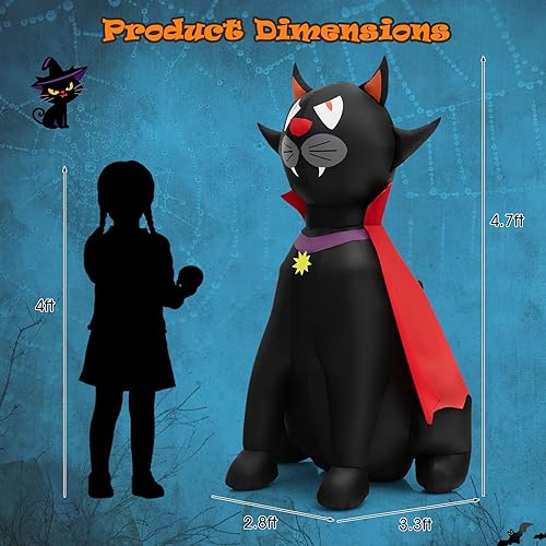Miniatura 9 de Tangkula Gato negro vampiro inflable de Halloween de 4.7 pies con capa roja, decoración navideña inflable con 2 luces LED integradas, 2 sacos de