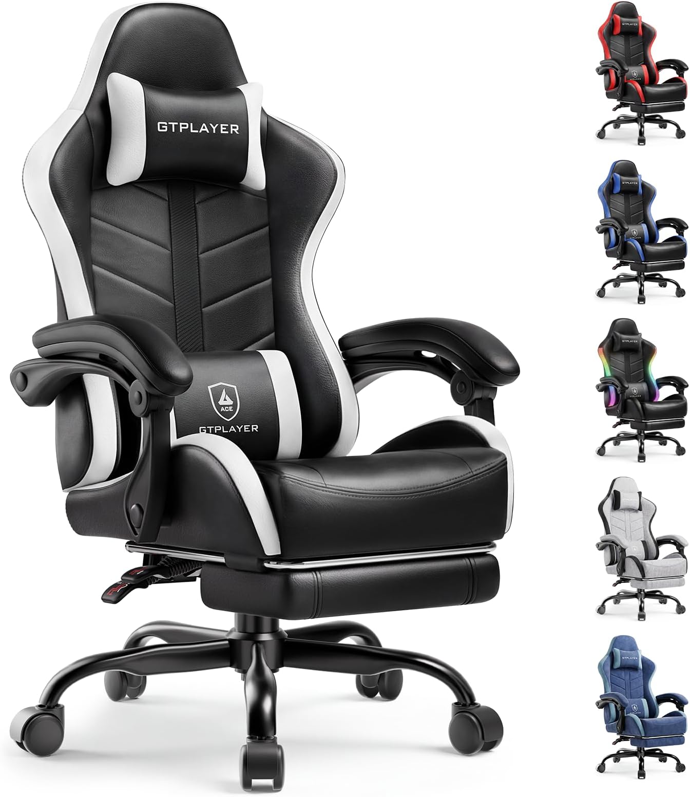 Gaming Chair, Computer Gaming Chairs for Adults with Footrest, Height Adjustable PC Game Chair with 90-155° Recline & Removable Headrest Lumbar Support, Black-White