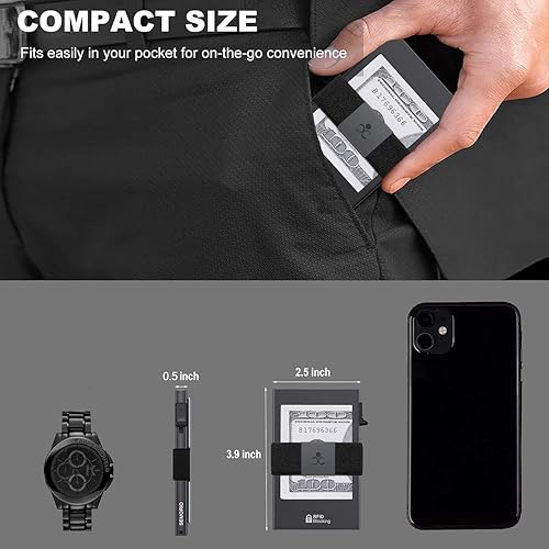 Miniatura 48 de Cartera delgada de aluminio para hombre, placa trasera expandible duradera, bloqueo RFID, billetera desplegable de metal minimalista, con capacidad