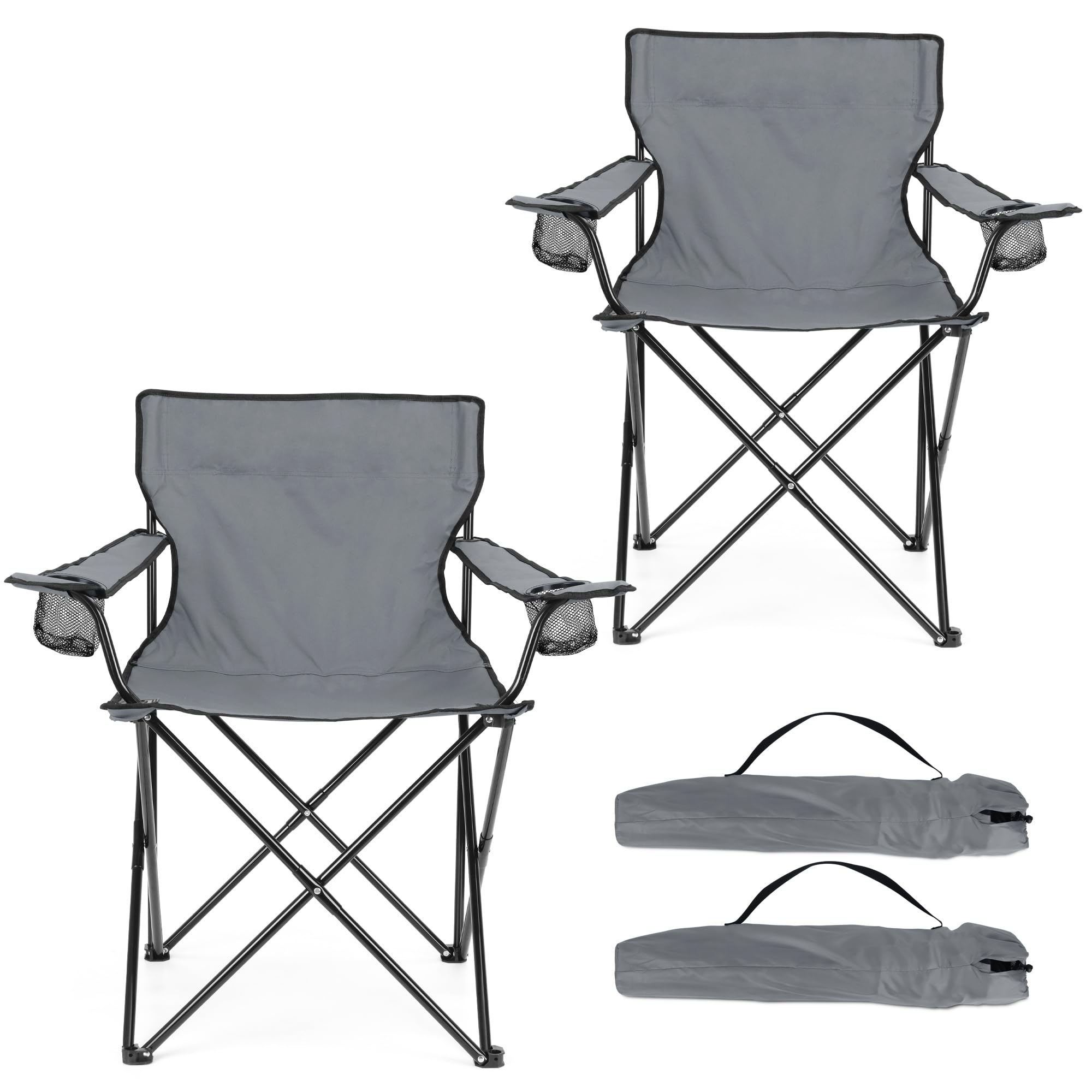 HaSteeL Camping Chair for Adults, Folding Beach Chair Set of 2, Large Foldable Portable Chair for Outdoors Fishing, Hiking, Sporting, Travel, Picnic, Lawn, Hold 275lbs &amp; A Storage Bags (Grey)