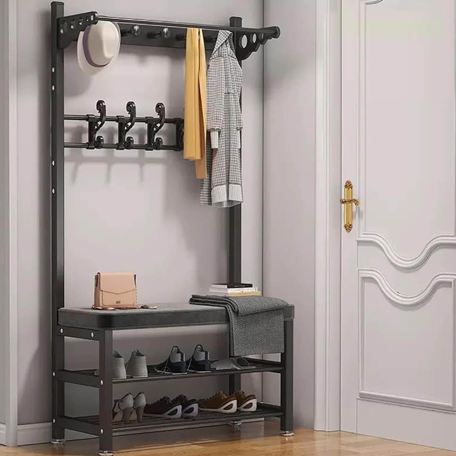 Meuble de couloir élégant pour organiser les chaussures et manteaux en famille