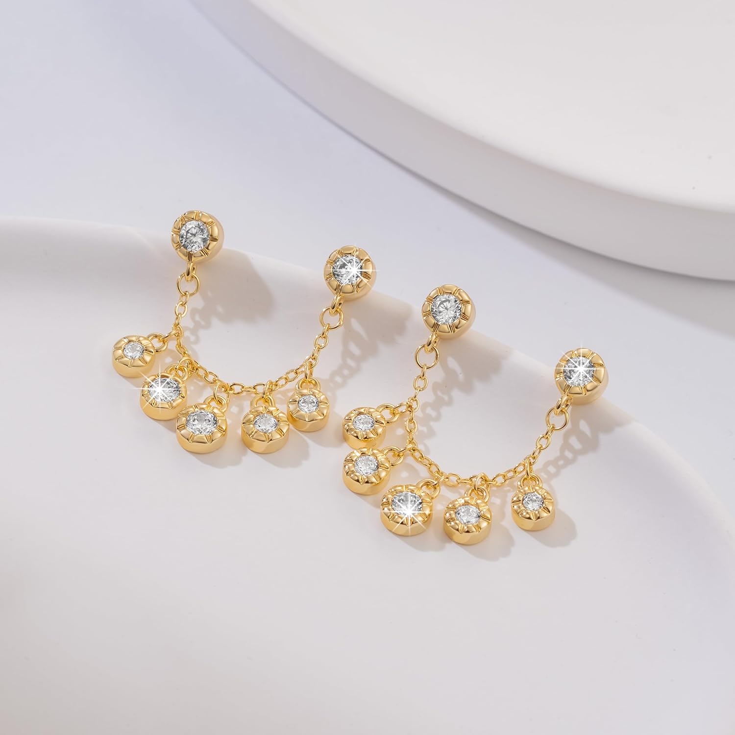 Gold Studs Earrings for Women 14K Gold Earrings for Women Double Piercing Chain Stud Earring for Womens Stud Innovative Double-Piercing Design with Cubic Zirconia Earring Studs for Womens - Image 7