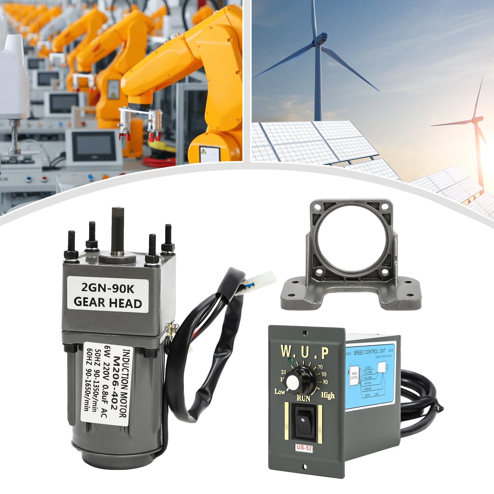 Motor de transmisión y controlador de velocidad, 220 V, baja velocidad, alto par, transmisión de CA, motor de engranajes con regulador de velocidad para línea de producción (6 W, 90 K)